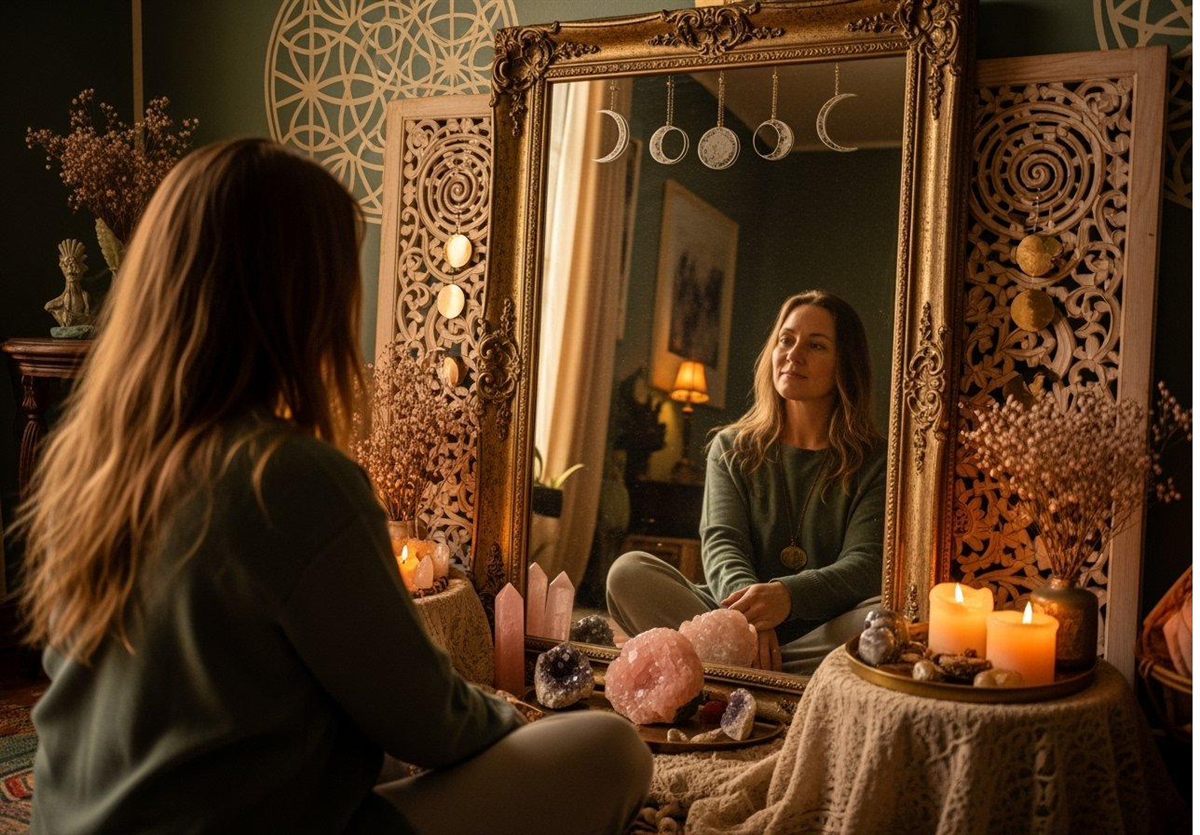 Woman sitting in front of a sacred mirror